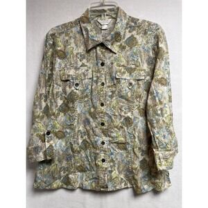 CJ Banks X Plus green Paisley Floral‎ Linen Long Sleeve Button Up womens shirt